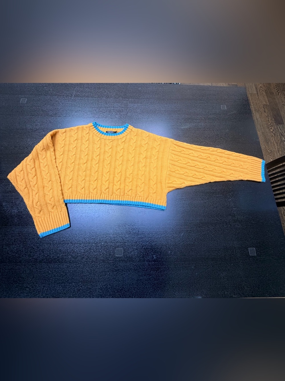 Nasty Gal Mustard Cable Knit Crop Sweater with Teal Trim